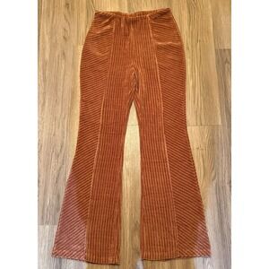 Rust Corduroy Like & Mesh Flare Pull On Pants High Rise Retro 70s Boho Wide Leg